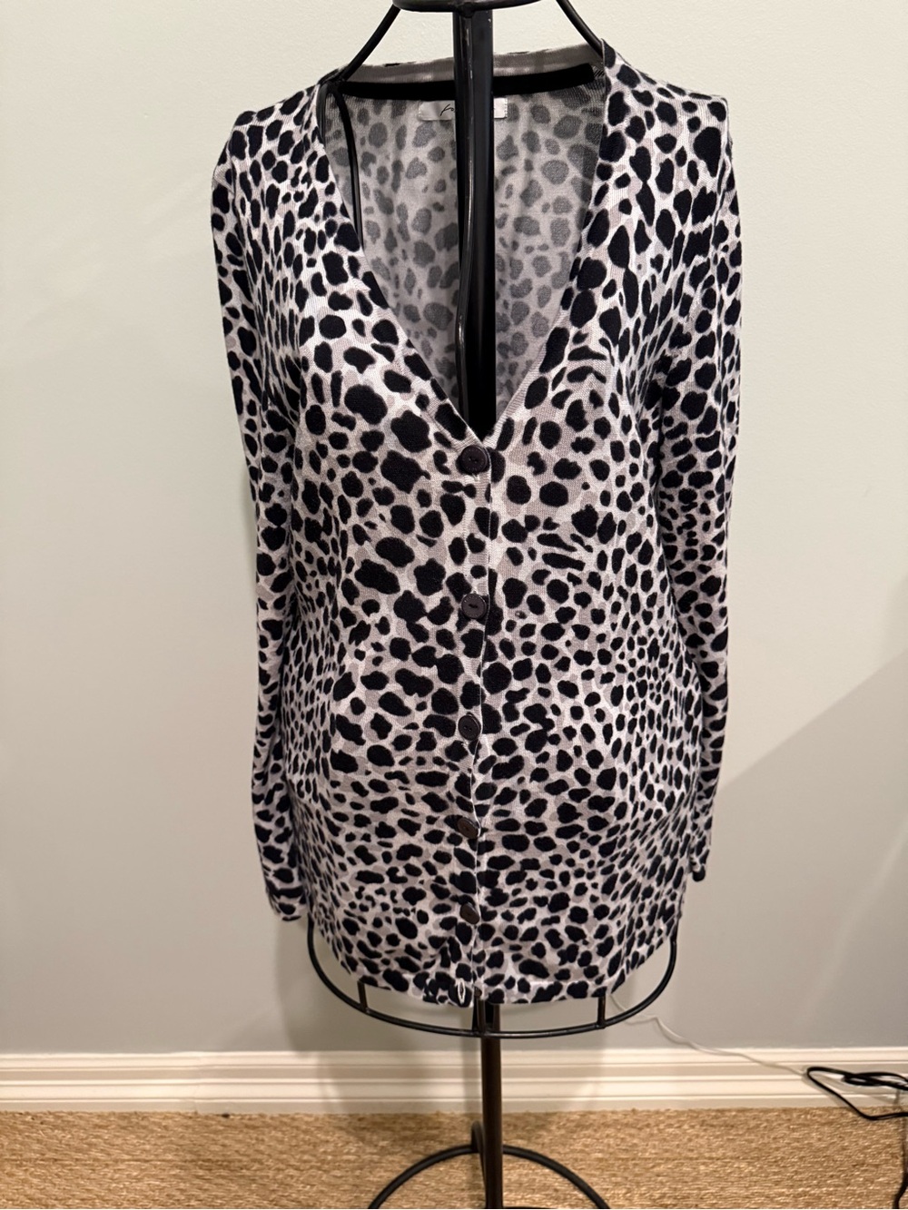 Foxcroft Black Gray and White Leopard Print Cardigan